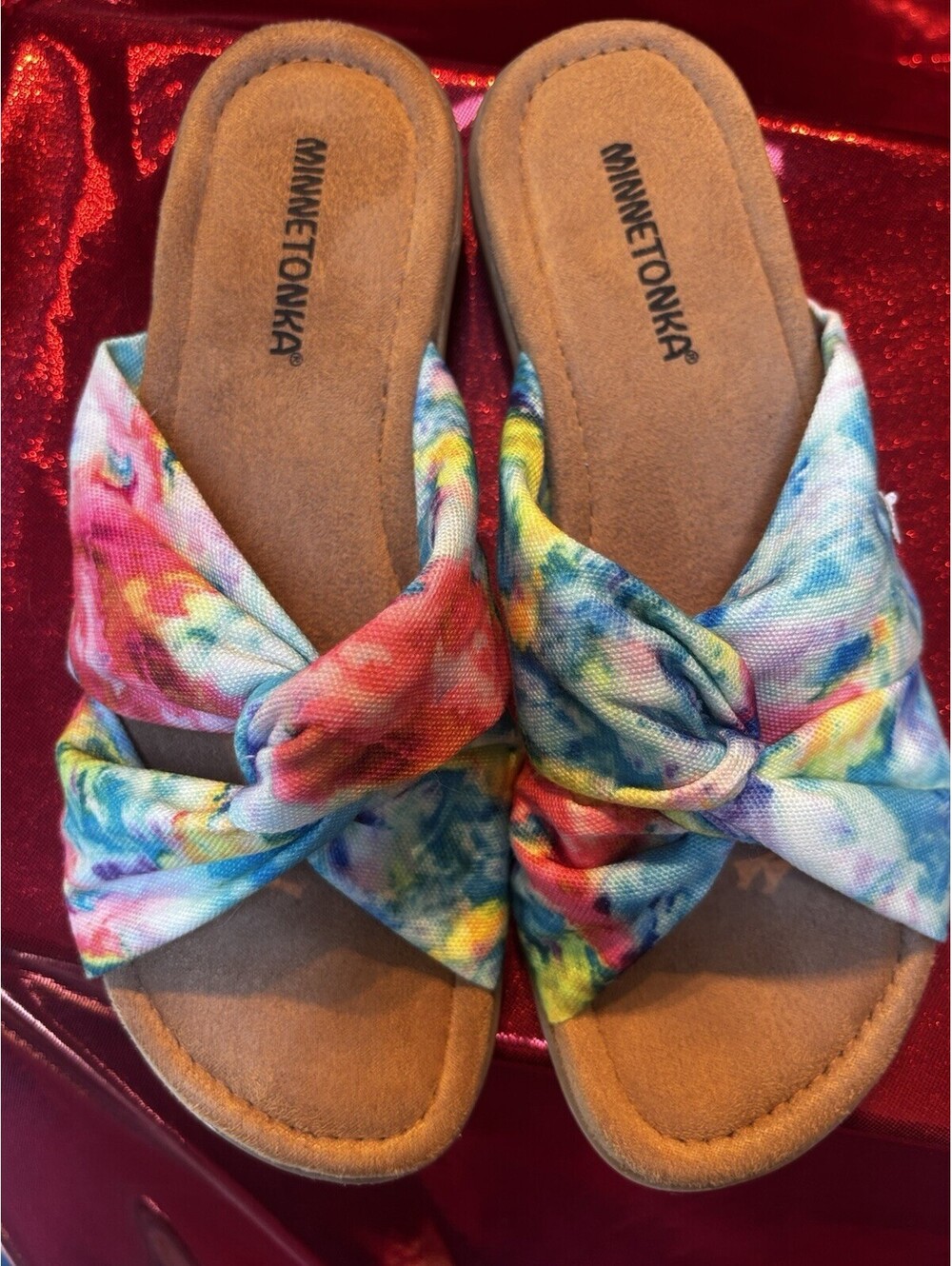 MINNETONKA Sarong Bright Blue Splash Sandals W Sz8 Excellent Condition W/ Box